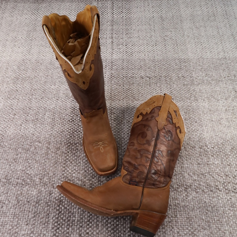 Original Reyme Brown Leather Western Cowboy Boot Square Toe Handcrafted Mens 7.5